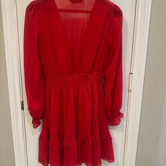 DOKOTOO MINI Red V Neck Front Long Tie Lantern Sleeve Ruffle Dress Size M - Picture 8 of 16